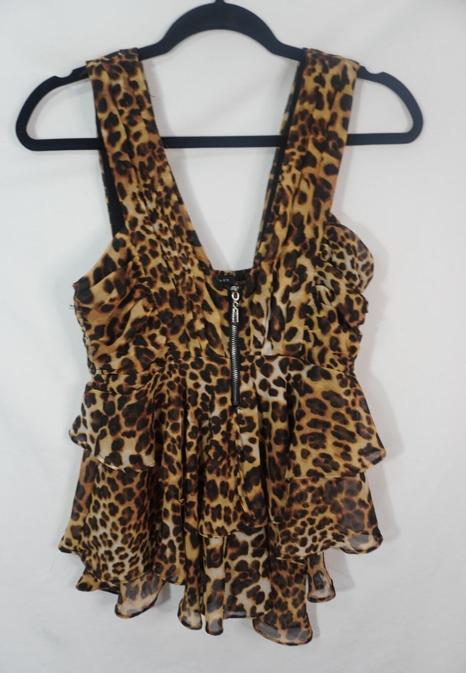 Le Monde Leopard Print Tiered Ruffle Peplum Top Size Small Y2K